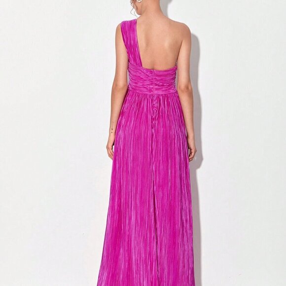 Red Violet Sexy Women's One Shoulder Ring Ruched Front Cut Out Split Thigh Dress - Picture 2 of 6